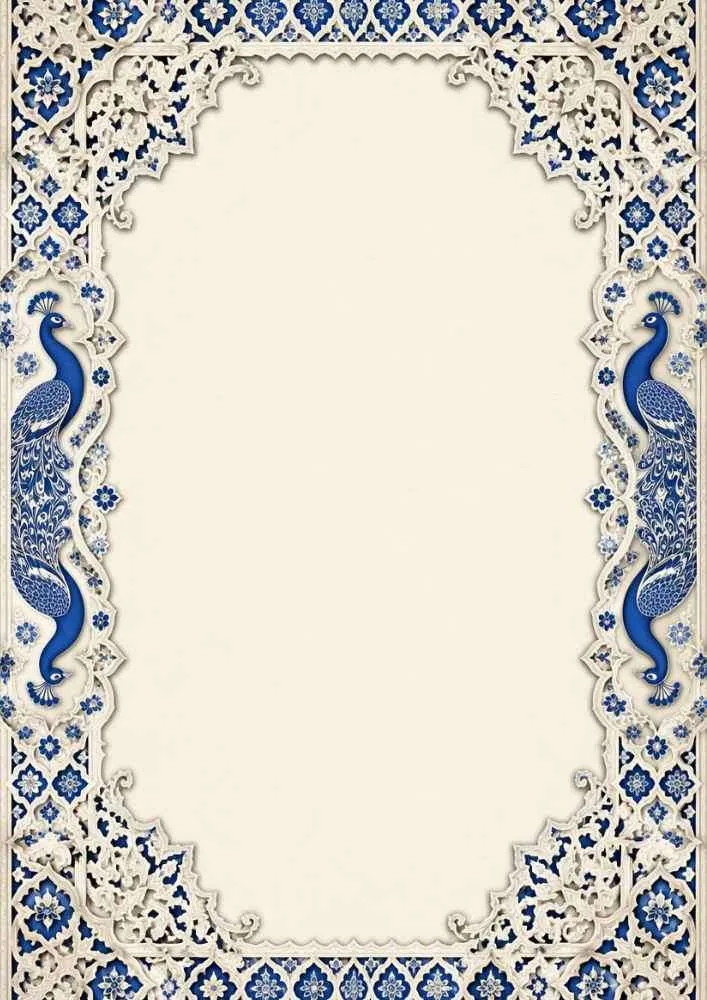 Moroccan digital paper with blue peacocks, carved floral border, and a blank center.