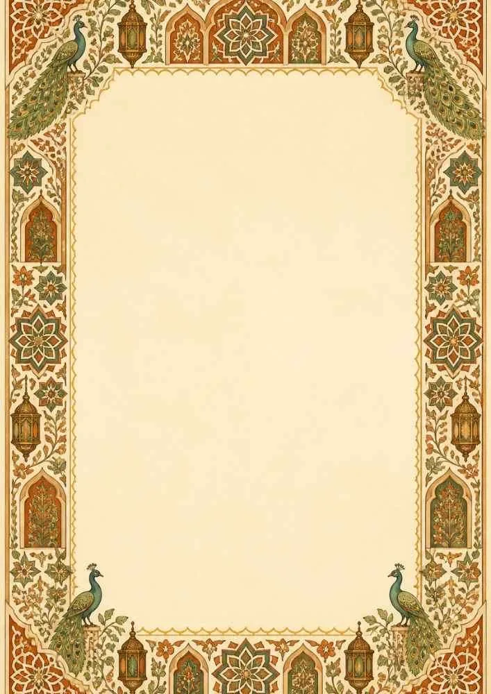 Moroccan digital paper with vintage peacocks, lanterns, floral patterns, and a blank center.
