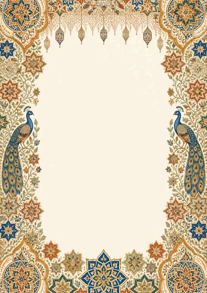 Moroccan digital paper with peacocks, flowers, lanterns, and an open center.