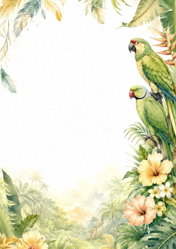 Tropical border page with green parrots, hibiscus flowers, palm leaves, and a large blank writing space.