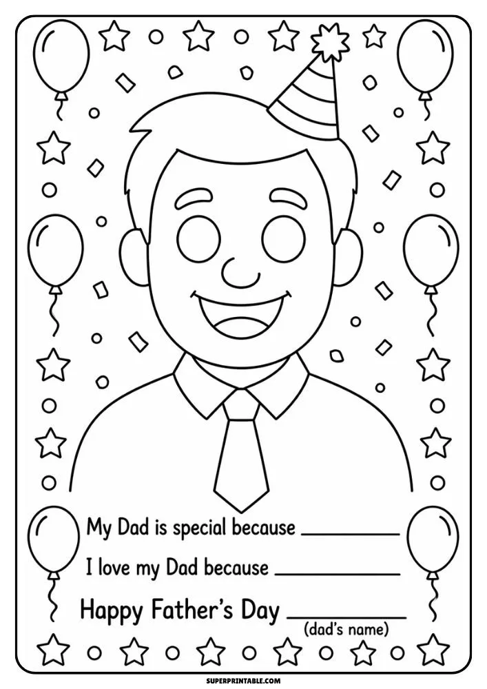 Happy dad wearing a party hat with balloons and fill-in prompts for Father’s Day messages.