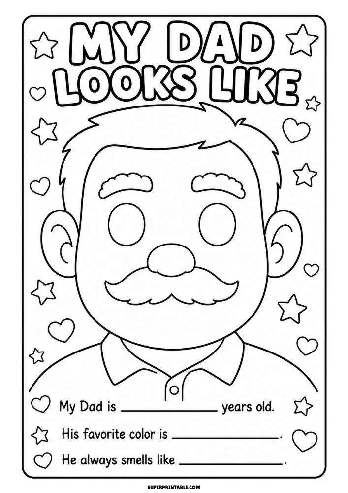 Mustached dad portrait with stars and hearts and fill-in prompts about age, favorite color, and scent.