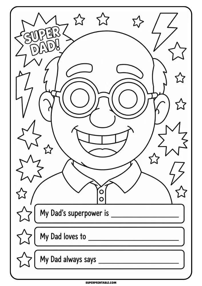 Smiling dad with glasses surrounded by stars and lightning bolts with prompts about his superpowers.