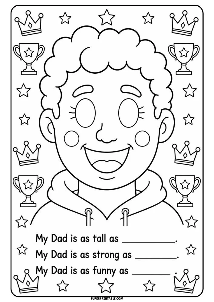 Smiling dad with crowns, trophies, and stars around him with prompts describing his qualities.