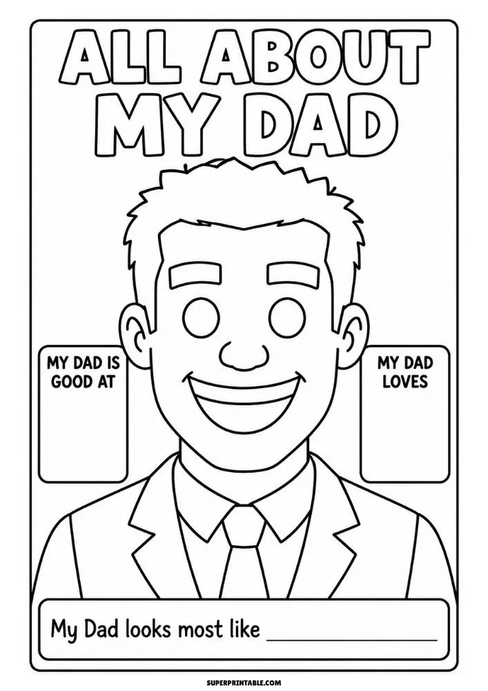 Dad in a suit with writing sections about what he is good at, loves, and resembles.