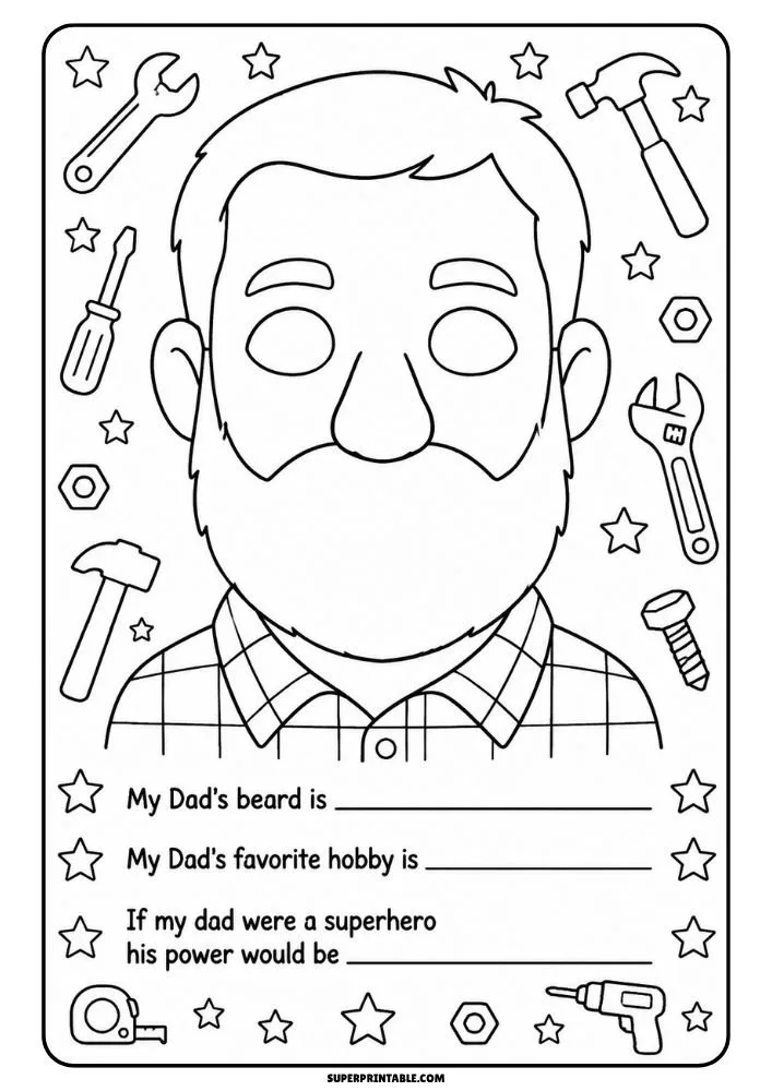 Bearded dad with tools and hardware around him and fill-in prompts about hobbies and superpowers.