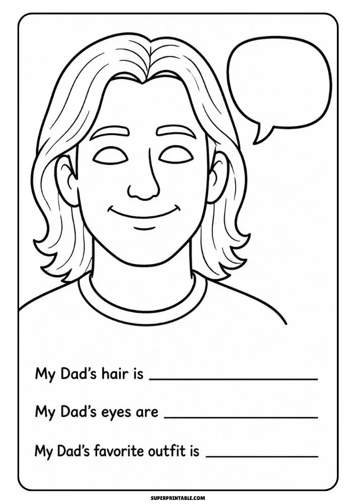 Long-haired dad portrait with prompts about hair, eyes, and favorite clothing.