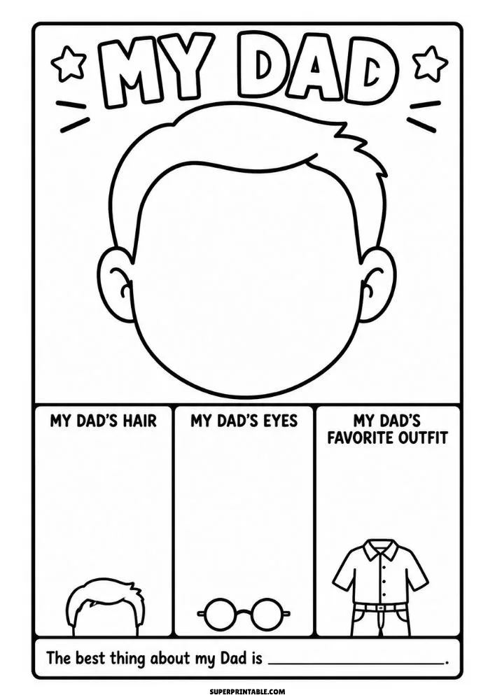 Blank dad face template with sections for drawing features and describing favorite traits.