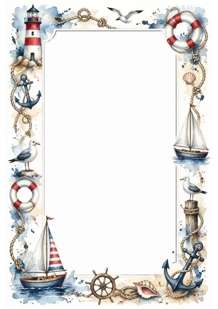 Watercolor border with lighthouses, sailboats, anchors, rope, shells, and seagulls around a blank center.