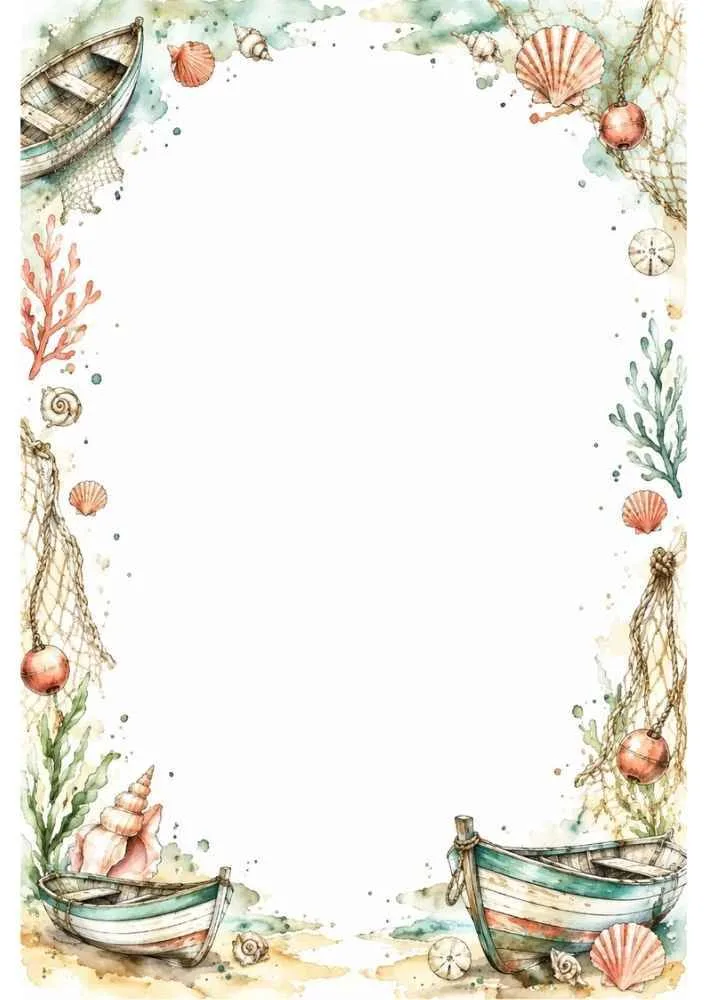 Coastal border with boats, nets, seashells, coral, and a blank center.