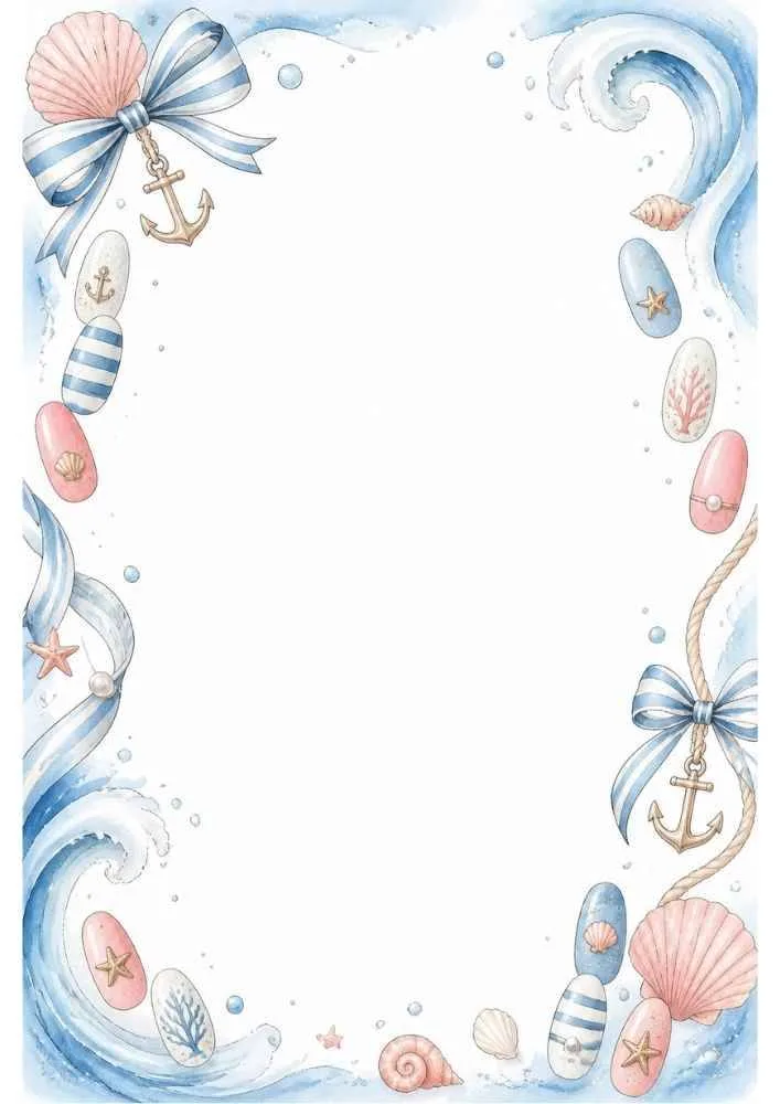 Border with waves, shells, anchors, ribbons, and a blank writing area.