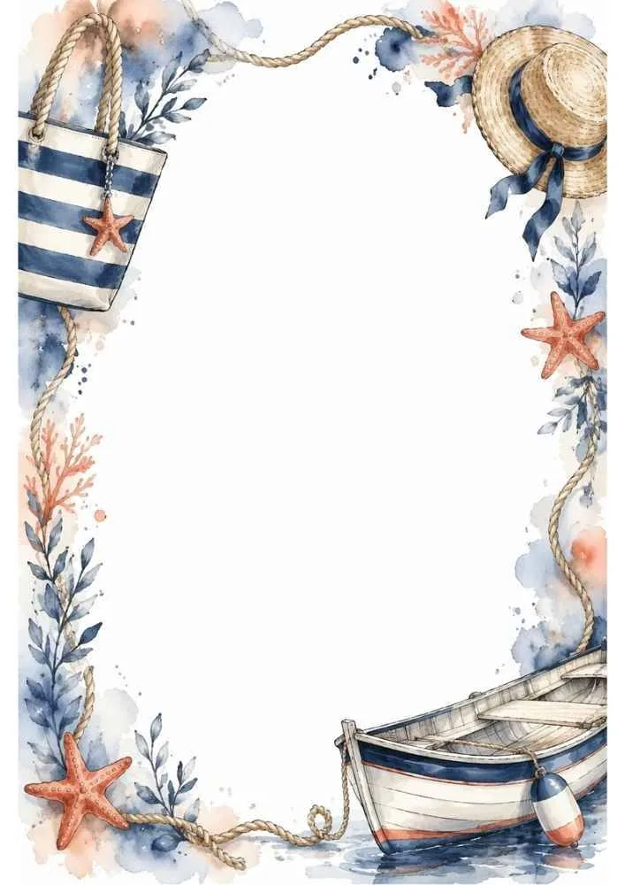 Beach border with bag, straw hat, rowboat, starfish, and blank center.