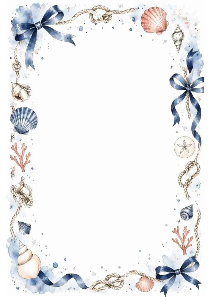 Border with blue ribbons, shells, coral, rope, and blank writing space.