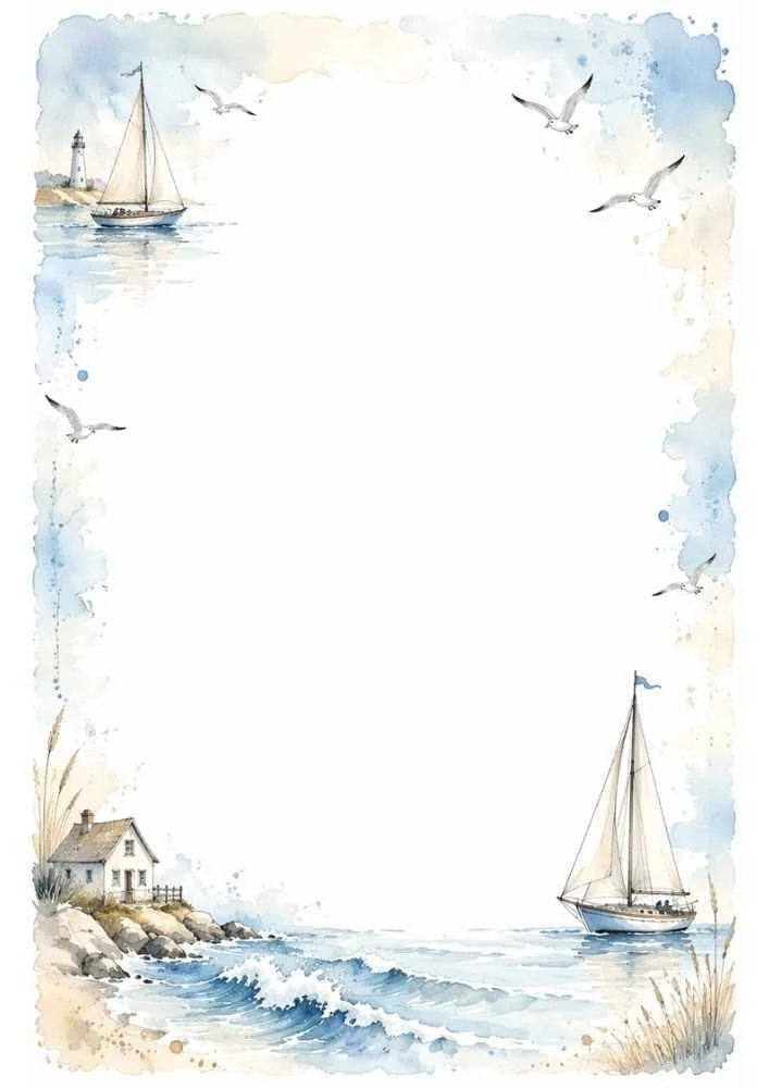 Seaside border with sailboats, lighthouse, cottage, seagulls, waves, and blank center.