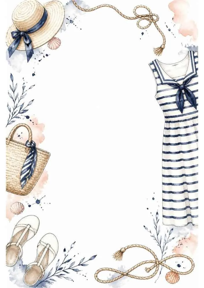 Summer border with sailor dress, hat, woven bag, sandals, and blank center.