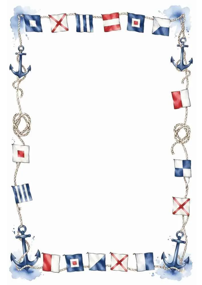 Nautical border with signal flags, anchors, rope, and blank writing area.