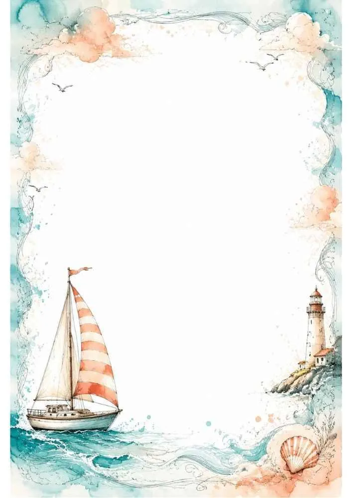 Watercolor border with sailboat, lighthouse, waves, shell, and blank center.