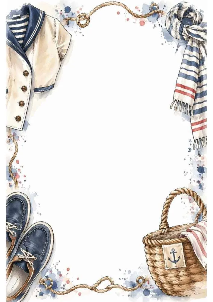 Border with sailor jacket, scarf, basket, shoes, and blank writing space.