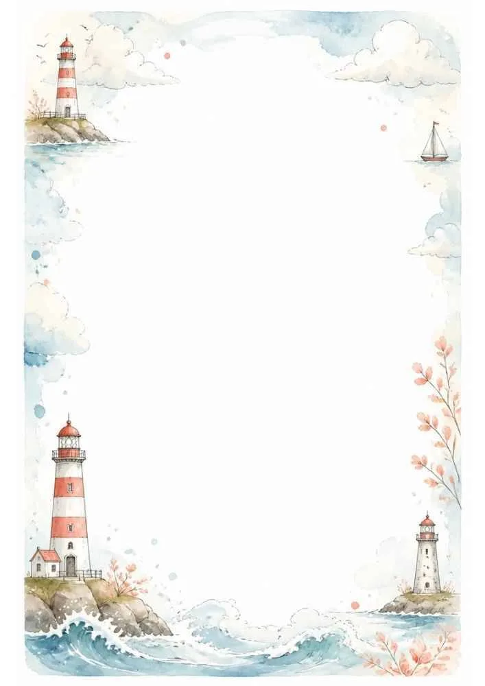 Border with lighthouses, waves, clouds, sailboat, and blank center.