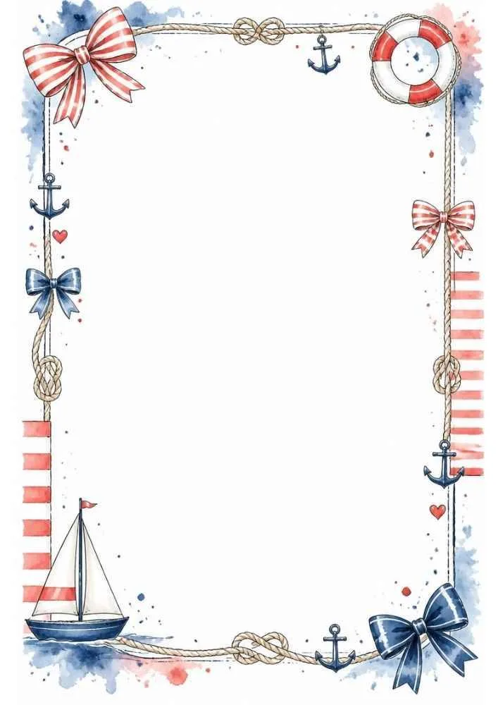 Rope border with bows, anchors, lifebuoy, sailboat, and a blank writing area.
