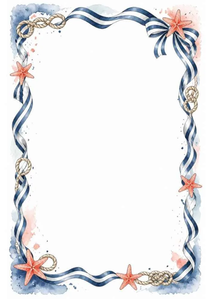 Border with striped ribbons, starfish, rope knots, and a blank writing area.