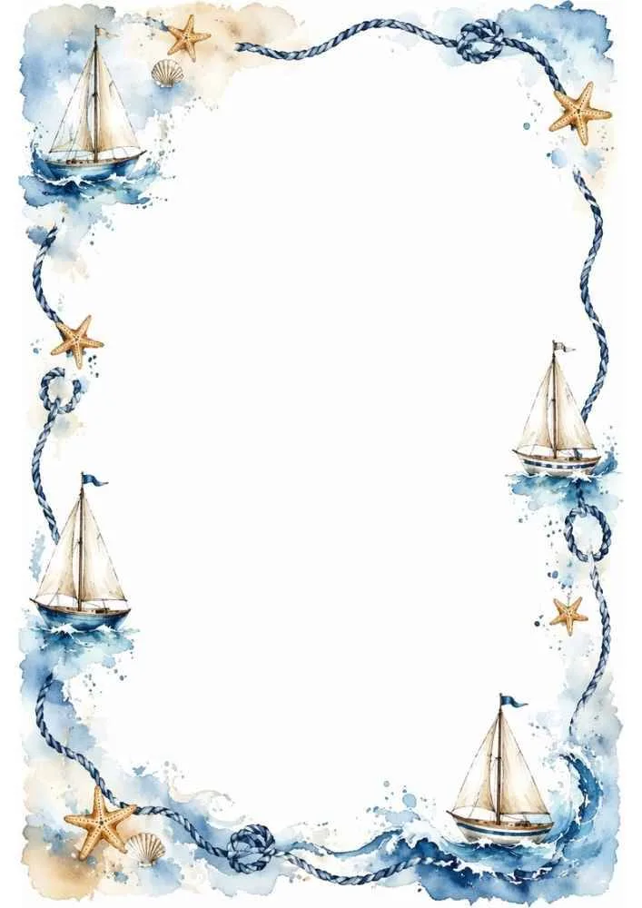 Watercolor border with sailboats, rope, starfish, seashells, and a blank center.