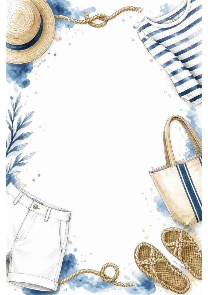 Summer border with hat, towel, bag, shorts, sandals, and a blank writing area.