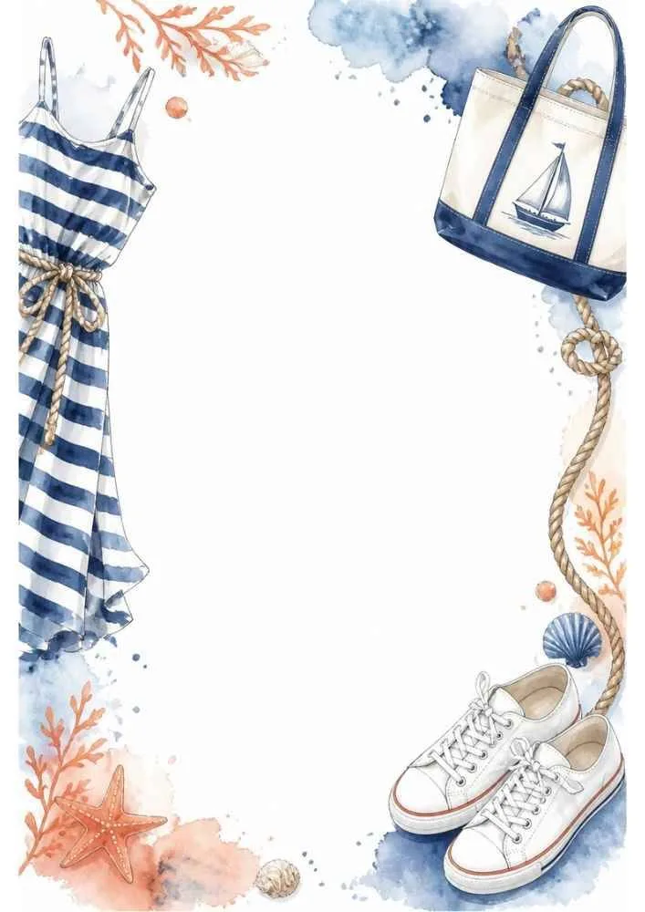 Beach border with striped dress, tote bag, sneakers, rope, shells, and blank center.