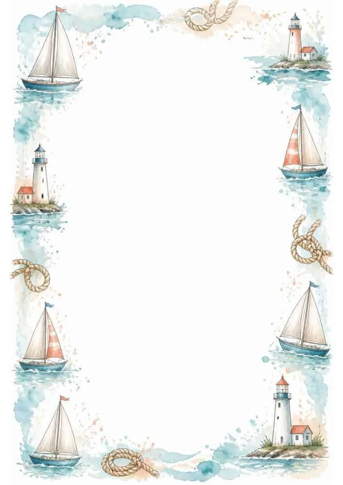Border with sailboats, lighthouses, rope, and a blank writing space.