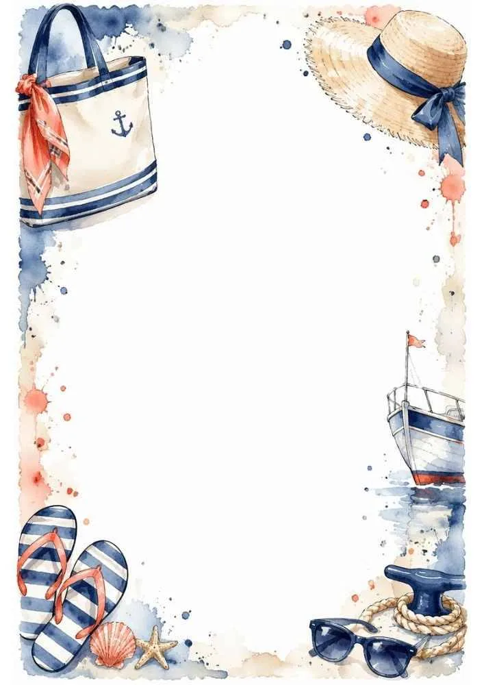 Nautical border with beach bag, hat, flip flops, sunglasses, boat, and blank center.