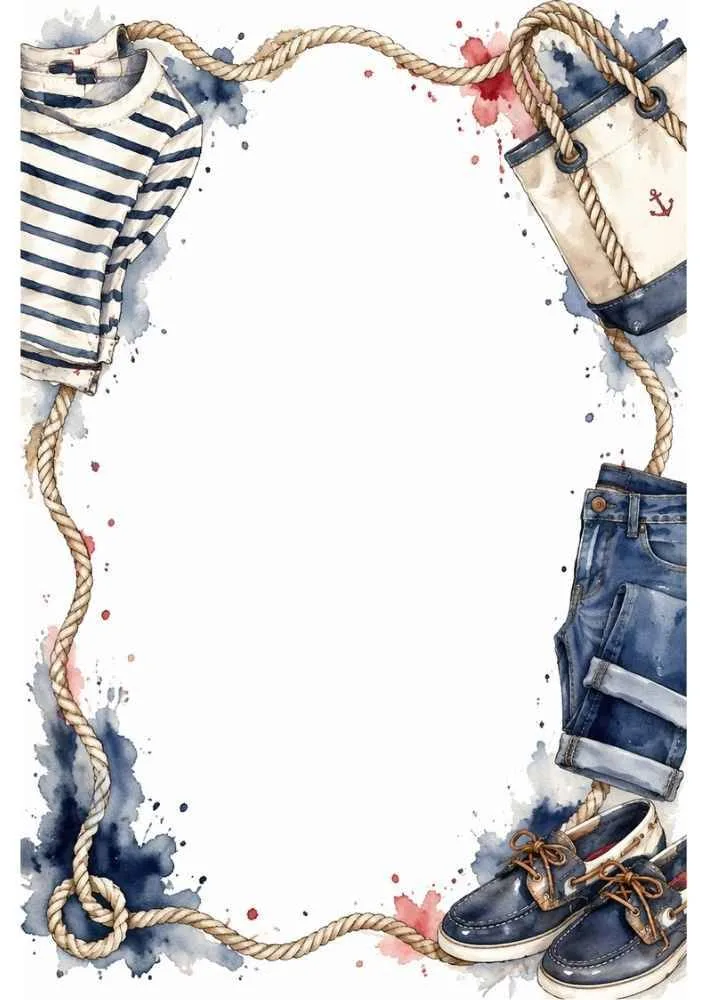 Border with striped shirt, jeans, tote bag, shoes, rope, and blank center.
