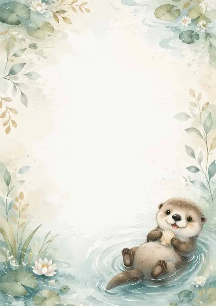 Watercolor border page with a smiling otter holding a seashell, lily pads, flowers, and leafy plants.