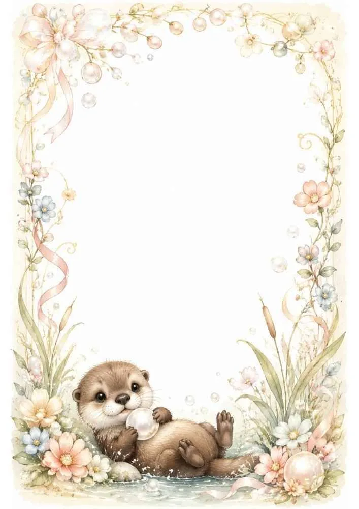 Border page with an otter holding a pearl, flowers, ribbons, and bubbles.
