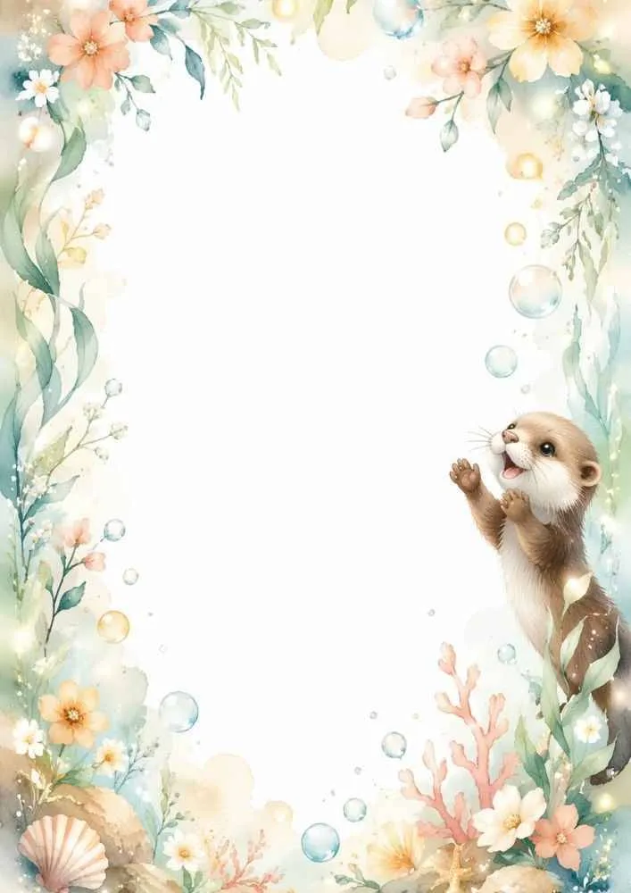 Border page with a standing otter, flowers, bubbles, and garden plants.