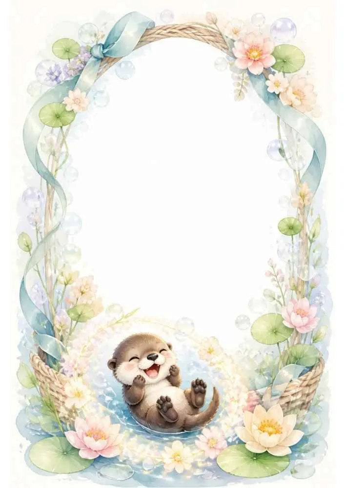 Border page with a laughing otter, ribbons, flowers, pond, and bubbles.