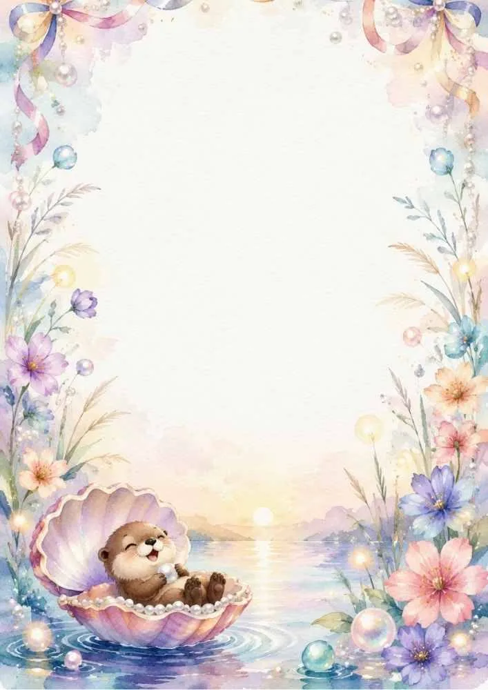 Border page with an otter holding a paddle, stepping stones, lily pads, and flowers.