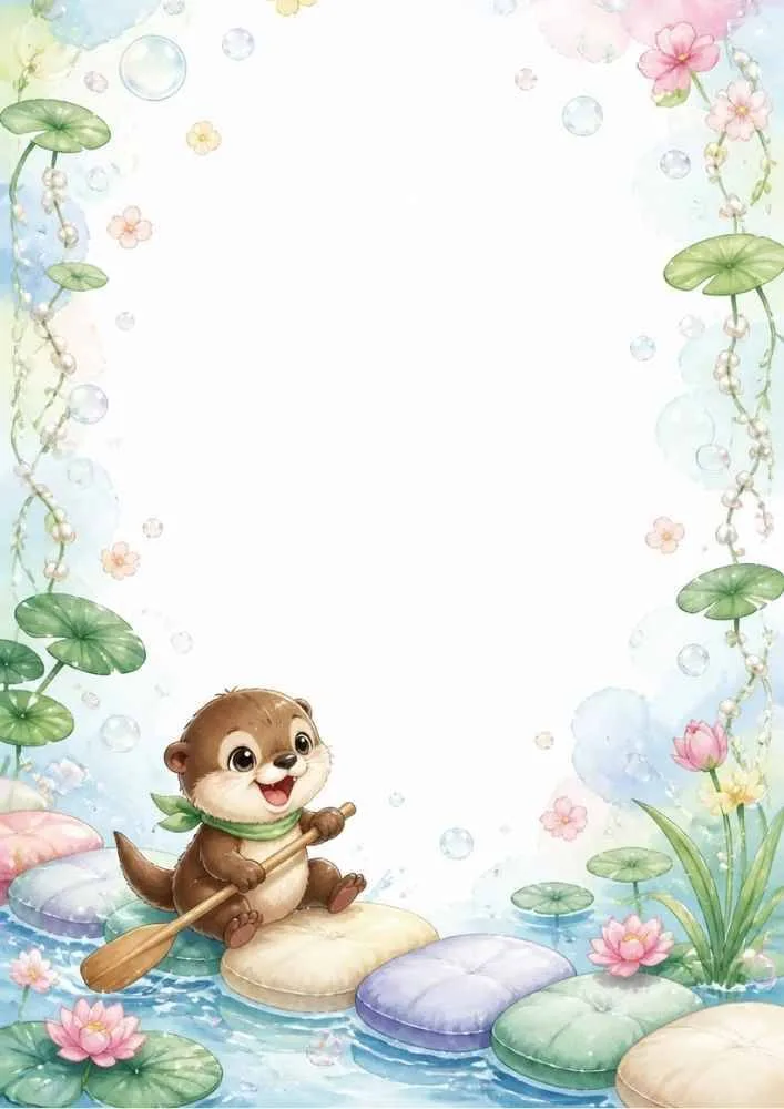 Border page with an otter in a basket, blue flowers, ribbons, and bubbles.