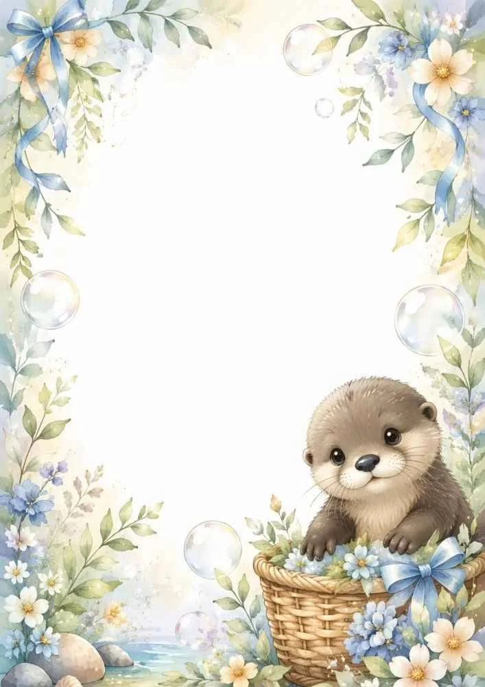 Border page with a playful otter in a stream, butterflies, flowers, and rocks.