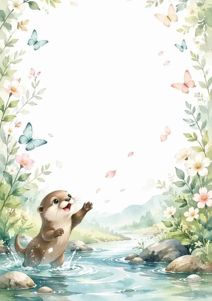 Border page with an otter on a cloud, flowers, ribbons, and bubbles.