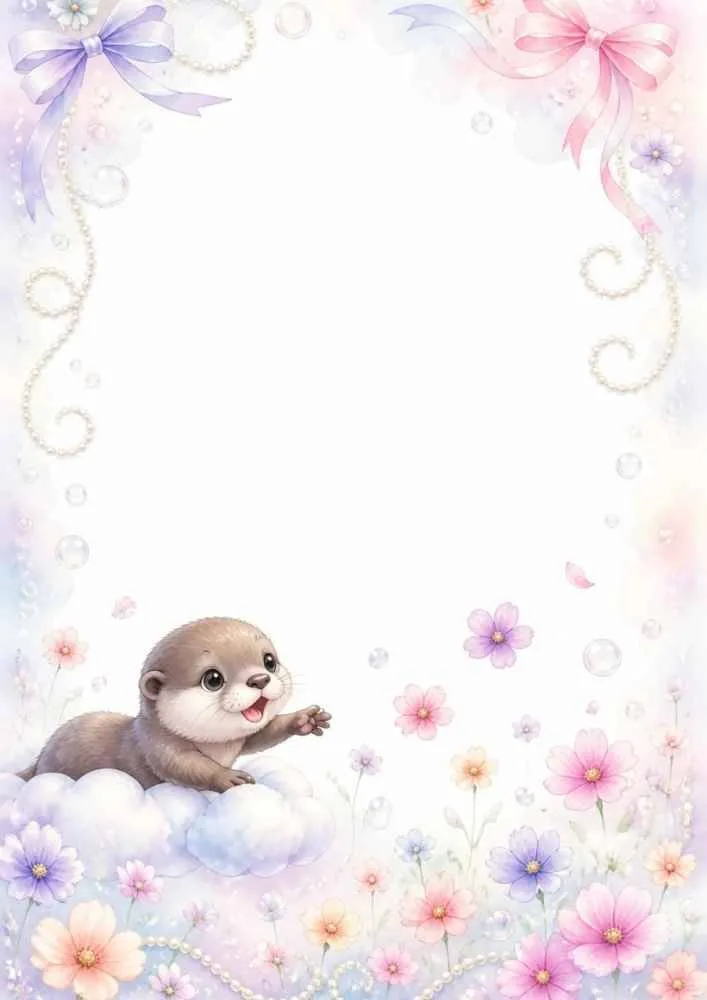 Border page with an otter in a seashell, flowers, glowing lights, and calm water.