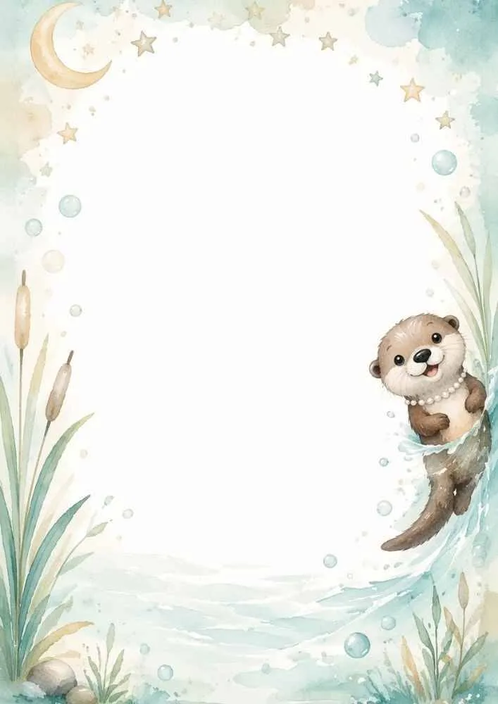 Border page with an otter in water, moon, stars, reeds, bubbles, and an open center.