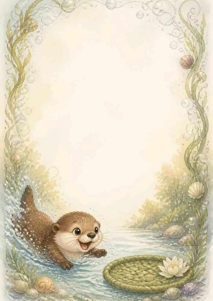Border page with a playful otter, stream, shells, bubbles, and leafy water plants.