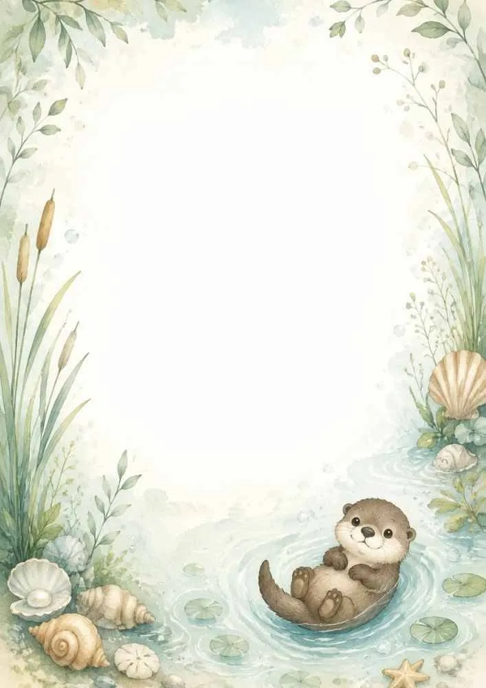 Border page with a floating otter, shells, lily pads, flowers, and a pond scene.