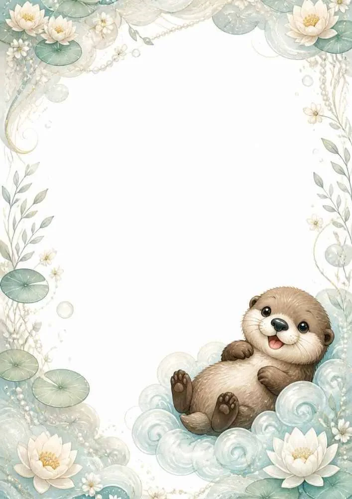 Border page with a happy otter, bubbles, flowers, lily pads, and gentle water.
