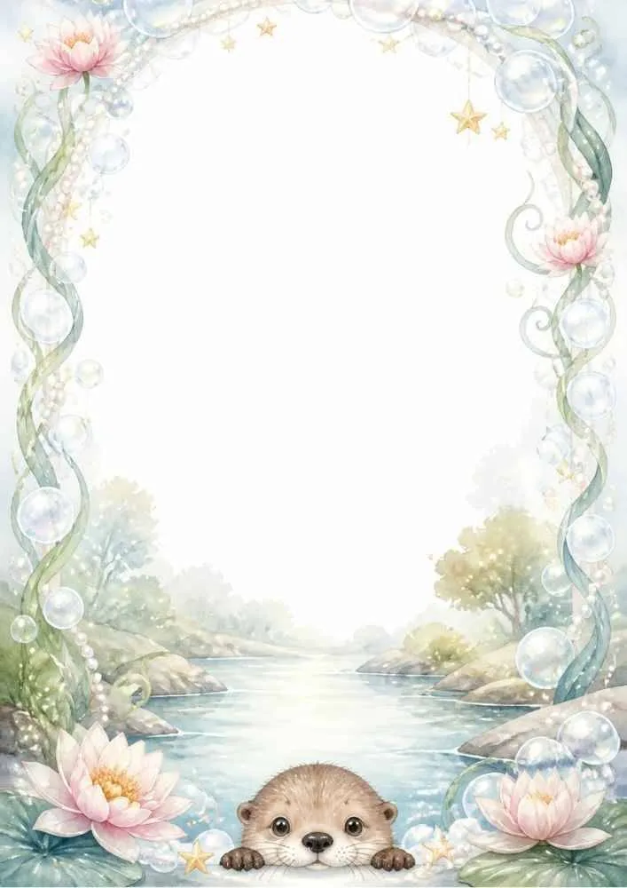 Border page with an otter peeking from a river, flowers, bubbles, and decorative vines.