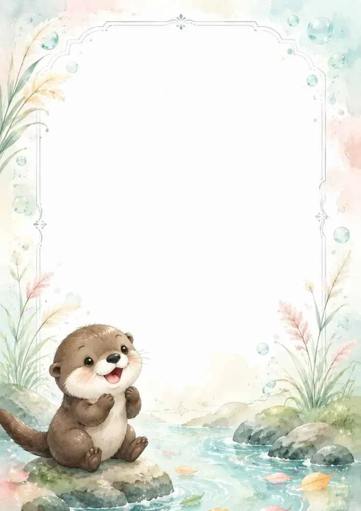 Border page with a smiling otter by a stream, flowers, rocks, and soft plants.