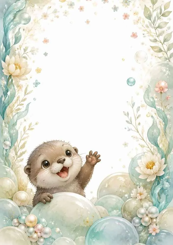 Border page with a waving otter, bubbles, flowers, and leafy decorations.