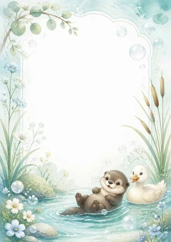 Border page with an otter, white duck, pond, flowers, reeds, and bubbles.