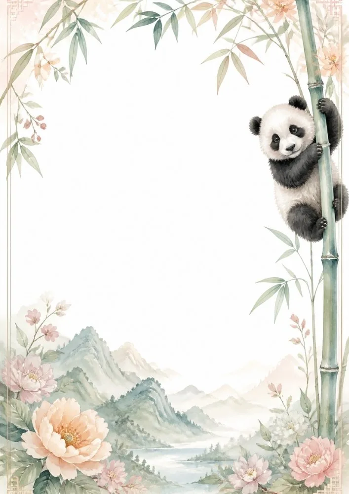 Watercolor panda climbing bamboo with floral border and mountain landscape.