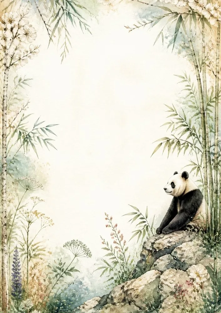 Panda climbing bamboo with watercolor flowers and scenic background.